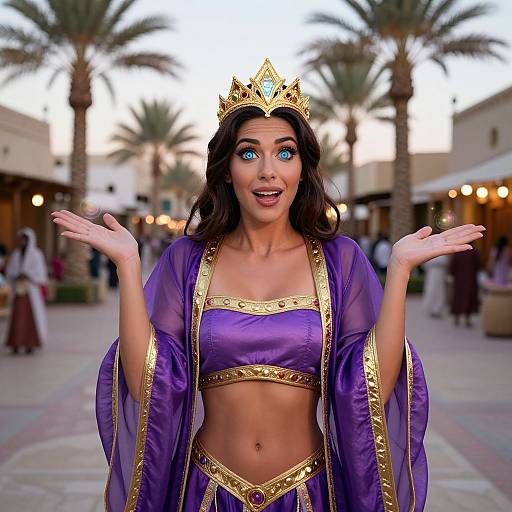 Photograph of a woman with glowing blue eyes, wearing a gold crown, purple and gold midriff top and robe, standing in a palm tree