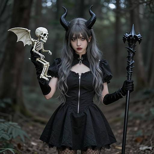 Woman in Gothic Costume with Horns and Skeletal Creature