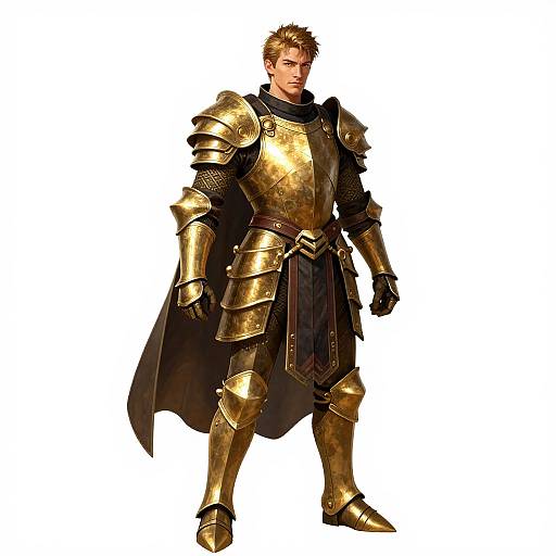 CGI image of a tall, muscular man in detailed, gold, medieval-style armor with a black cape, standing confidently against a plain white background.