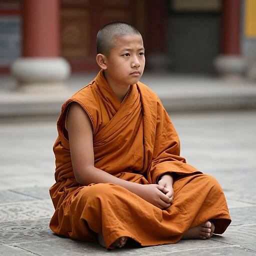 Photograph of a young Asian male Buddhist monk with a shaved head, sitting cross-legged on a stone pavement, wearing an orange robe, looking thoughtfully