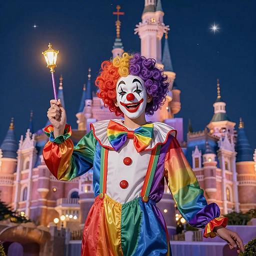 Colorful Clown in Front of Castle at Night