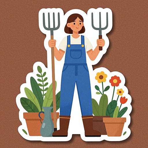 Cartoon illustration of a smiling woman in blue overalls, holding two pitchforks, standing between potted plants and flowers. Brown background.