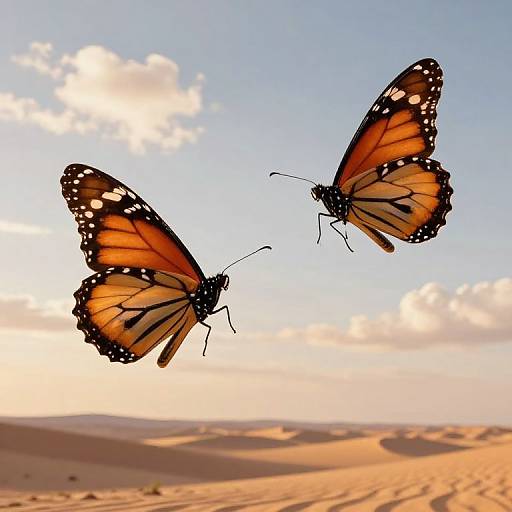 Photograph of two vibrant orange and black monarch butterflies with white spots flying over a sunlit, sandy desert landscape.
