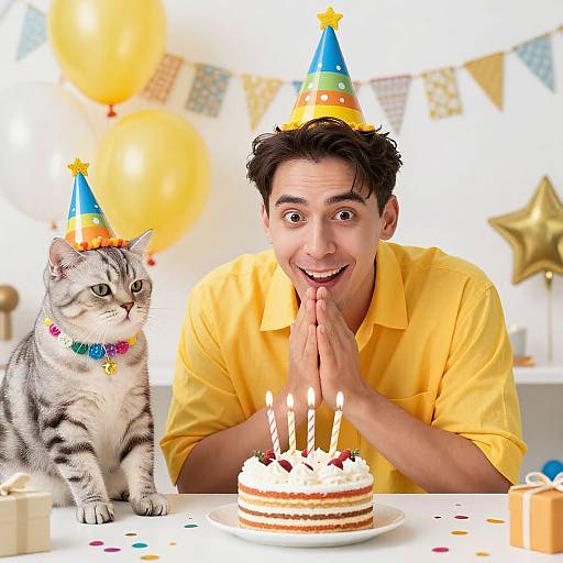 Photograph of a smiling man in a yellow shirt and party hat, with hands raised, and a gray tabby cat wearing a colorful collar and party