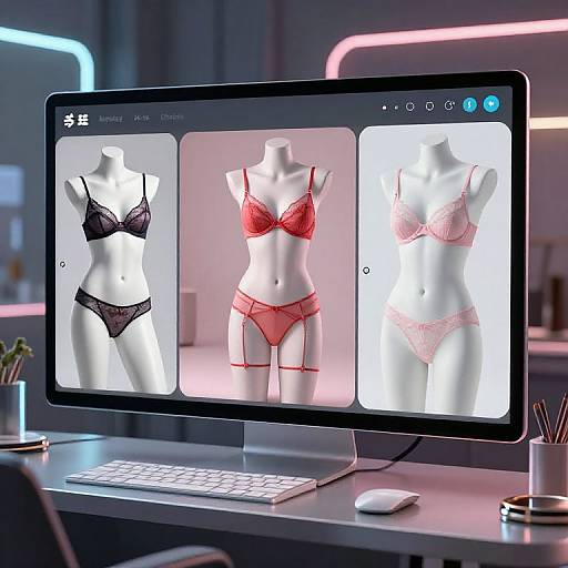 Photorealistic CGI of a computer monitor displaying three white mannequins in black, red, and pink lace lingerie, set in a modern,