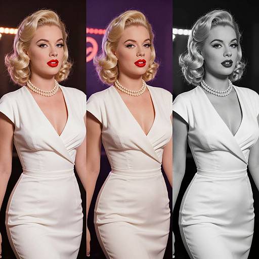Photograph triptych of blonde woman in white, V-neck dress with pearl necklace, red lipstick; left color, middle vibrant, right grayscale.