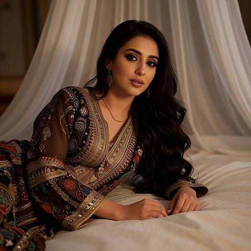 Photograph of a beautiful South Asian woman with long black hair, wearing an ornate, colorful traditional dress, lying on a white bed with a sheer