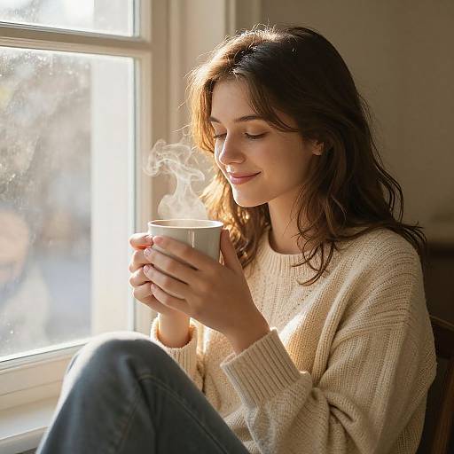 Photograph of a smiling young woman with wavy brown hair, wearing a beige knit sweater, sipping steamy coffee by a sunlit window.