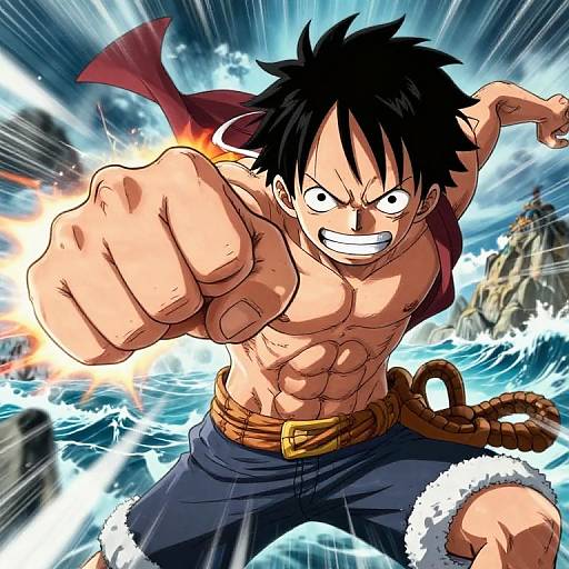 Digital anime-style artwork of a muscular, shirtless man with black spiky hair, blue pants, and a red cape, punching forward in a storm