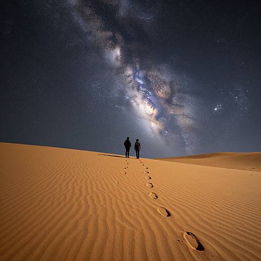 Photograph of two silhouetted people standing on a rippled sand dune, gazing at a vividly bright Milky Way galaxy in a