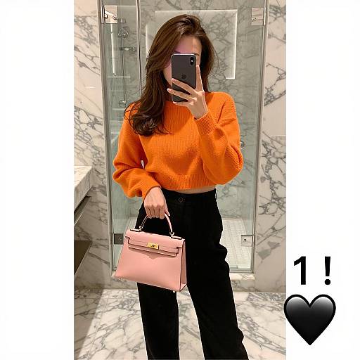 Stylish Woman's Mirror Selfie in Marble Bath