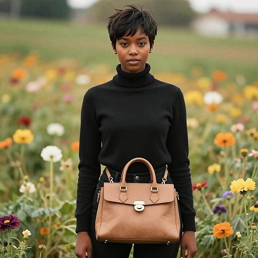 Young Woman with Pixie Cut in Flower Field