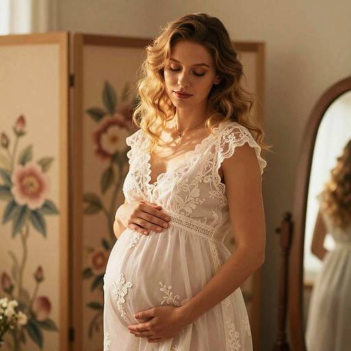 Pregnant woman with wavy blonde hair in a white lace dress stands in a sunlit room, hands on belly, floral folding screen background.