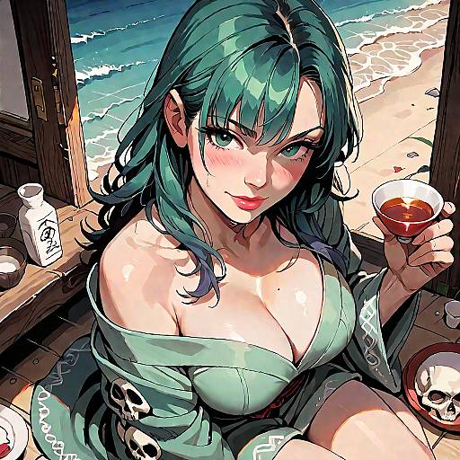 Sake-Drinking Kimono Beauty on Beach