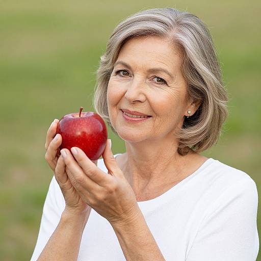 Photograph of a smiling elderly woman with short gray hair, holding a red apple in front of her, wearing a white shirt, against a blurred green
