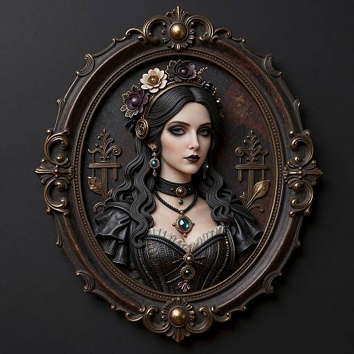 Digital artwork of a Gothic-style woman with black hair, dark lipstick, wearing a detailed black corset, ornate jewelry, and a flowered head