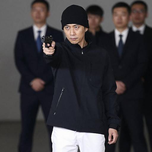 Dimly Lit Man in Beanie Aiming Gun