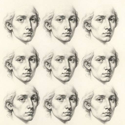 Six black and white pencil sketches of a young woman's face, each with different subtle expressions, arranged in a 3x2 grid on a white