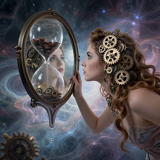Steampunk-inspired photograph of a woman with wavy brown hair, wearing gears as hairpieces and earrings, gazing at a clock in a mirror