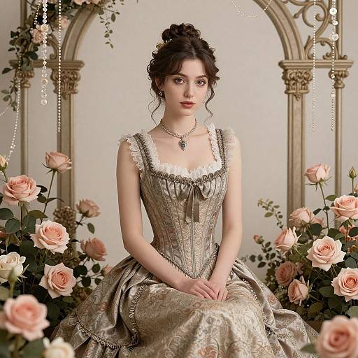 Photorealistic portrait of a fair-skinned woman with dark hair in an updo, wearing an ornate, gold, Victorian-style dress, seated