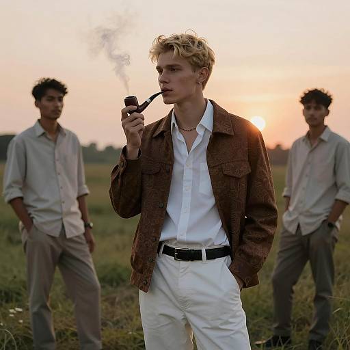Young Man with Pipe at Sunset Scene