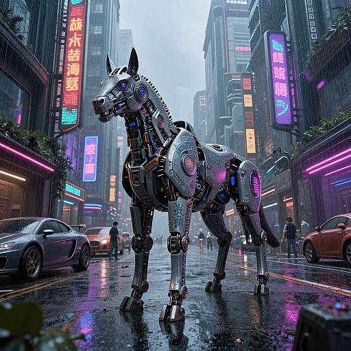 Cybernetic horse with glowing neon lights stands on rainy, neon-lit city street in futuristic, dystopian digital artwork.