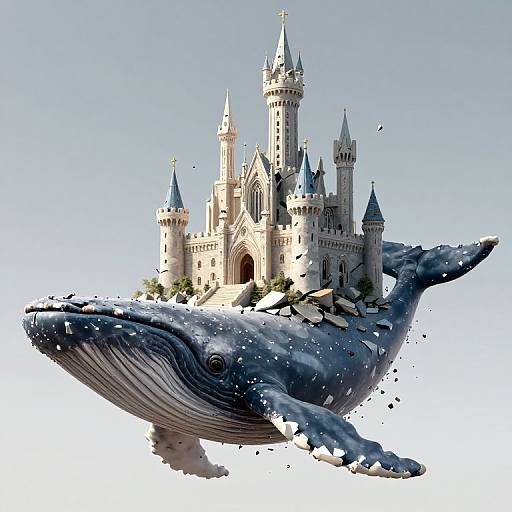 Photorealistic digital art of a majestic blue whale carrying a detailed, fairy-tale castle with turrets and towers against a clear sky.
