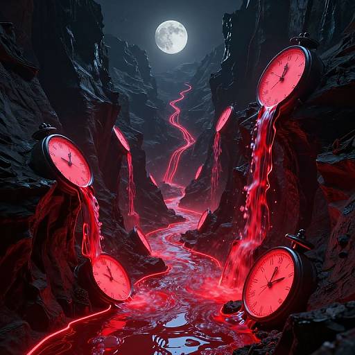 Digital artwork: Dark, rocky canyon under a full moon, illuminated by bright red clock faces with flowing red liquid, resembling lava, creating a surreal,
