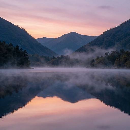 Photograph of a misty lake at sunset, reflecting pink and purple sky, surrounded by dark forested hills and mountains.