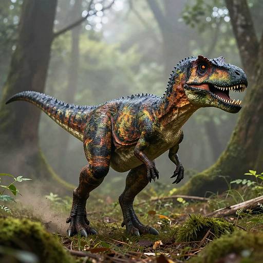 Velociraptor Stalking in Misty Forest