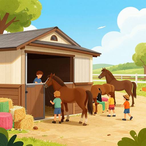 Digital illustration of a sunlit farm scene with children interacting with three brown horses near a wooden barn, surrounded by hay bales and lush greenery.