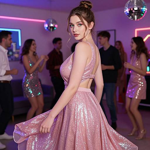 Photograph of a beautiful woman with fair skin and brown hair in a bun, wearing a sparkling pink sequin dress, looking back at a dimly