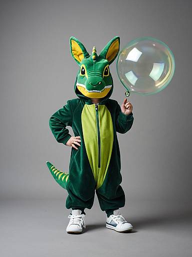 Toddler in Green Dinosaur Costume with Bubble