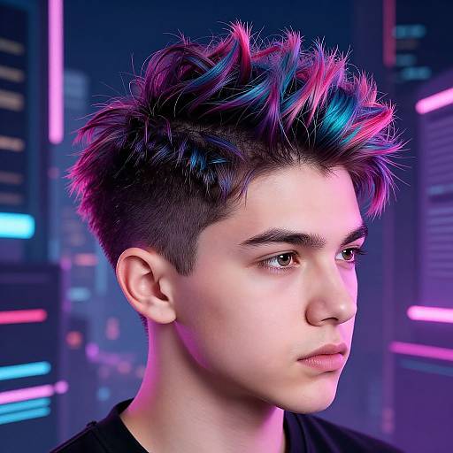 Photorealistic portrait of a young man with spiked, multicolored hair (blue, pink) in a neon-lit urban background. He has