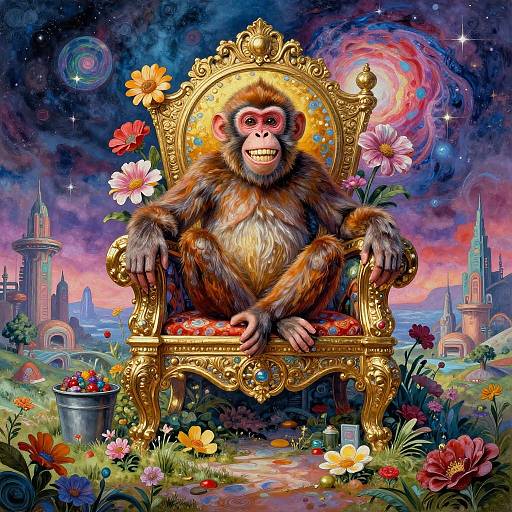 Vibrant digital artwork of a smiling monkey throne with ornate gold chair, surrounded by colorful flowers, surreal sky, and castle backdrop.