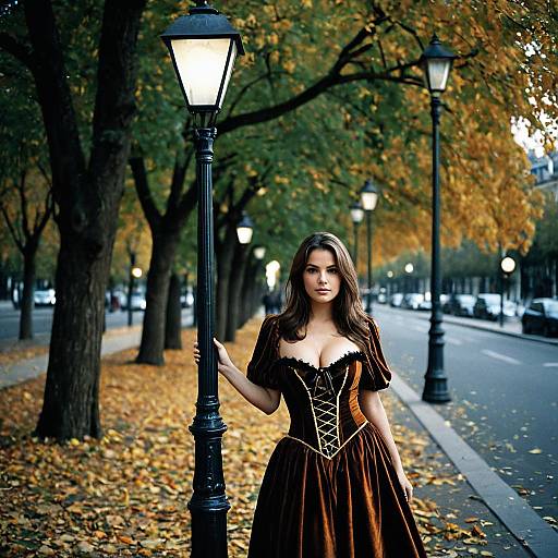 Woman in Vintage Dress Holding Lamppost in Paris