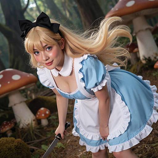 Digital art of a blonde Alice in Wonderland girl in blue dress and white apron, bending forward in a forest with giant mushrooms, wearing a black bow