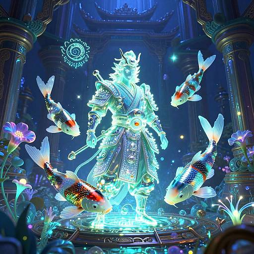 Neon Bioluminescent Koi Samurai Temple