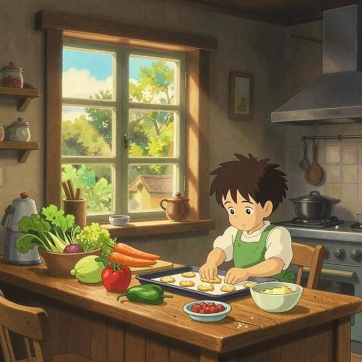 Studio Ghibli Style Child Baking Cookies in Cozy Kitchen