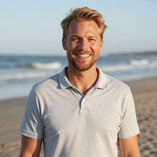 Photograph of a smiling, bearded man with blonde hair, wearing a light blue polo shirt, standing on a sunny beach with waves in the background