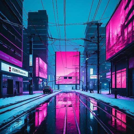 Cyberpunk Urban Street with Neon Billboards at Night