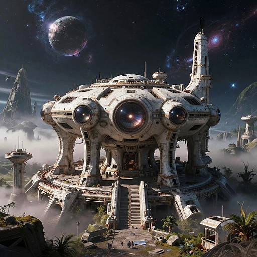 Digital artwork of a futuristic, sci-fi cityscape featuring a massive, dome-like, multi-eyed spacecraft structure amidst misty clouds, towering spires,