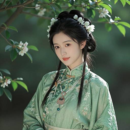 Photograph of an East Asian woman in a green, floral-patterned traditional Chinese dress, adorned with white flowers in her black hair, standing amidst blo