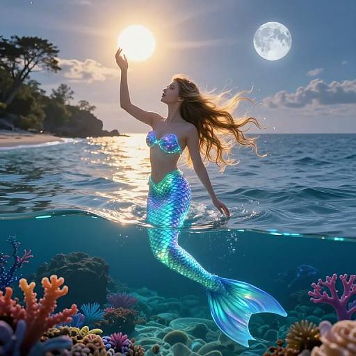 Photograph-style digital art: Glowing blue mermaid with long hair, shimmering scales, and a radiant tail, raises arm to touch sun,