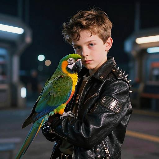 Eccentric Mecha-Pilot Boy Hugging Parrot