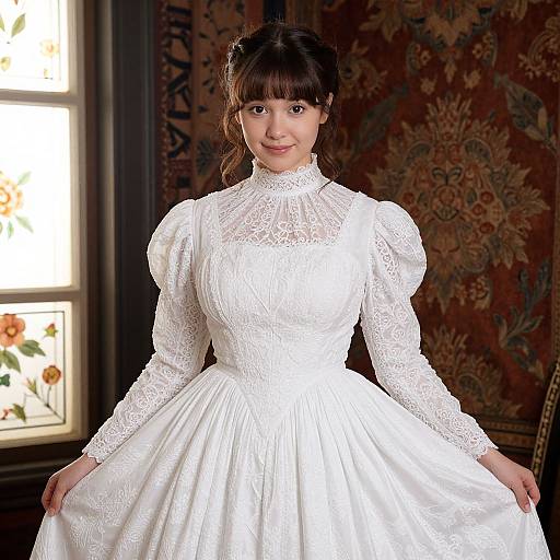Photograph of a young Asian woman with dark hair in a lace-trimmed, high-necked, puffed-sleeve white wedding dress,