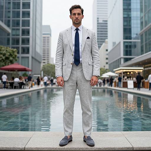 Photograph of a handsome, bearded man in a light gray suit, navy tie, and gray shoes, standing confidently by a city pool. Modern