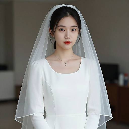 Photograph of an East Asian woman with fair skin, black hair, red lipstick, wearing a white dress, veil, and necklace, standing indoors.