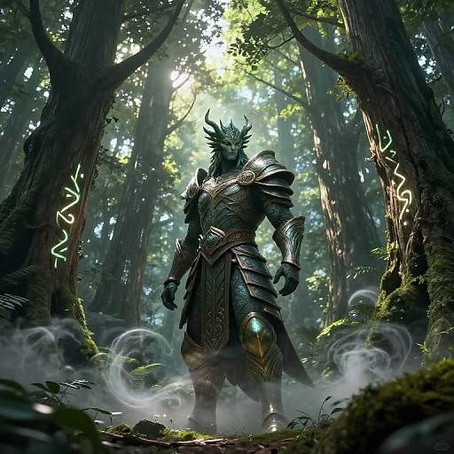 Digital fantasy artwork of a dark, armored, horned warrior standing in a misty, sunlit forest, surrounded by glowing runes and mist.