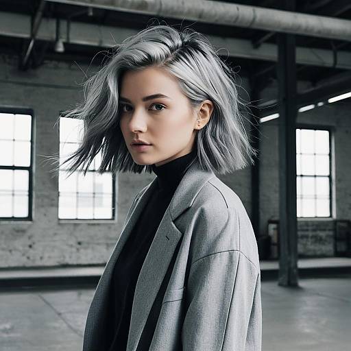Fashionable woman with ash gray hair in industrial loft